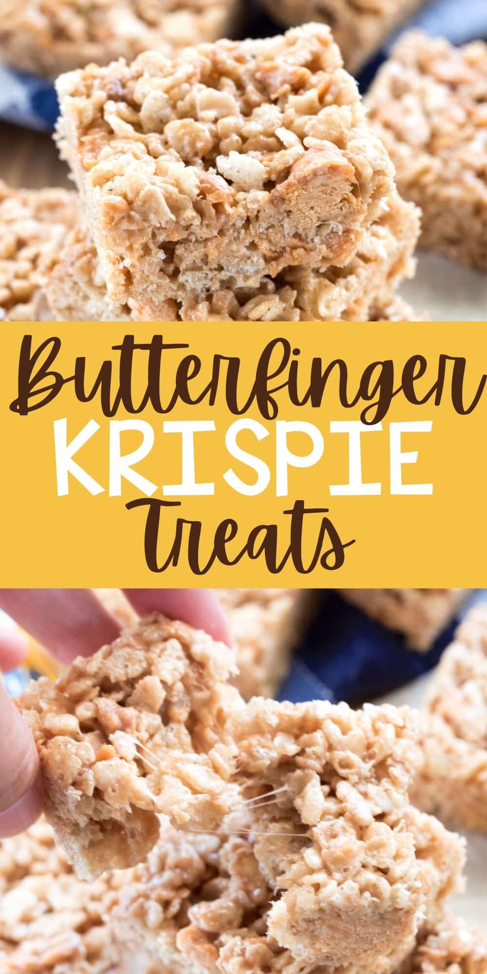 two photos of stacked Rice Krispie treats with butterfingers spread around with words on the image.
