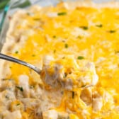 cheesy potato casserole in a clear casserole pan with green garnish.