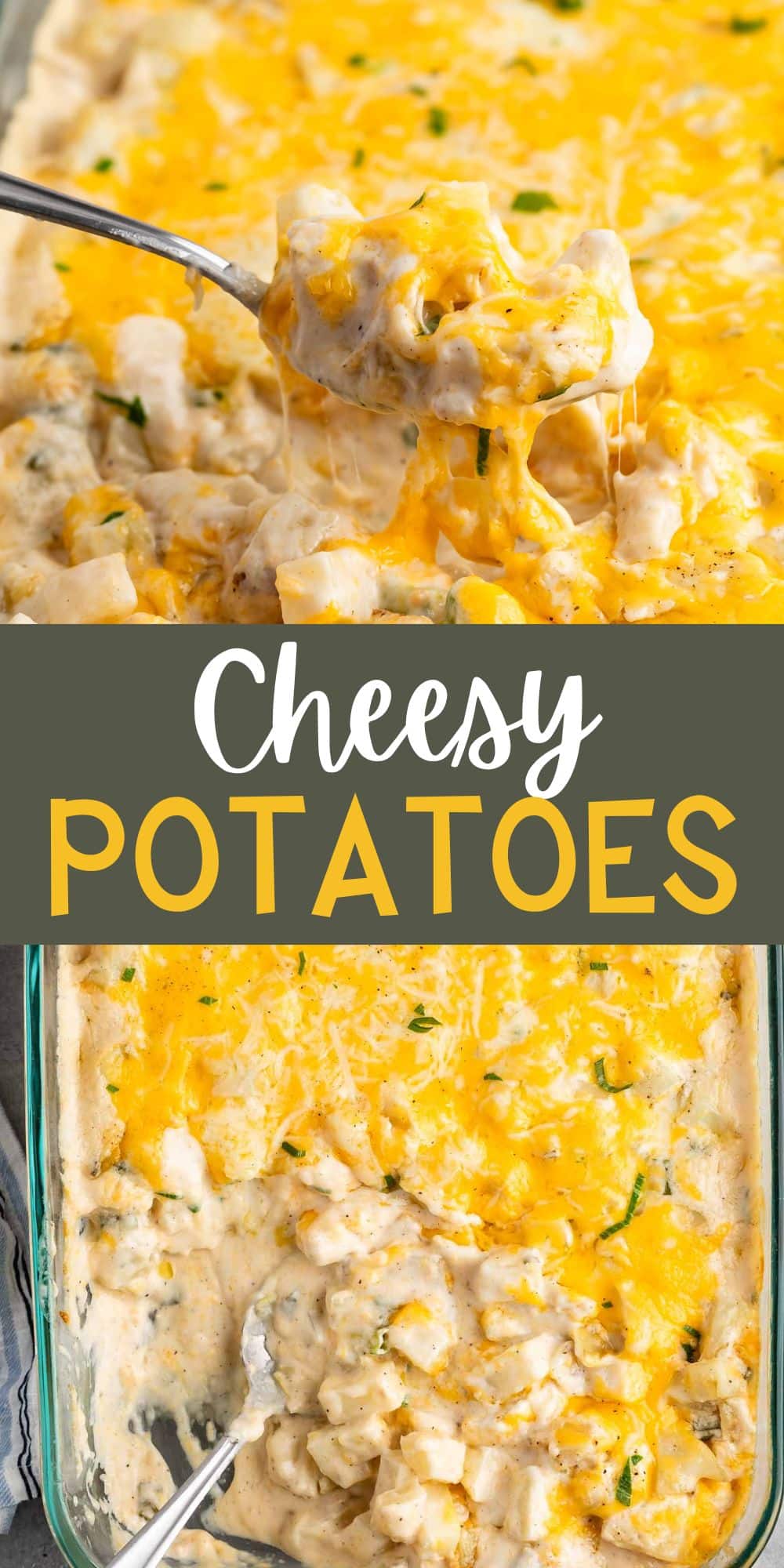 two photos of cheesy potato casserole in a clear casserole pan with green garnish.