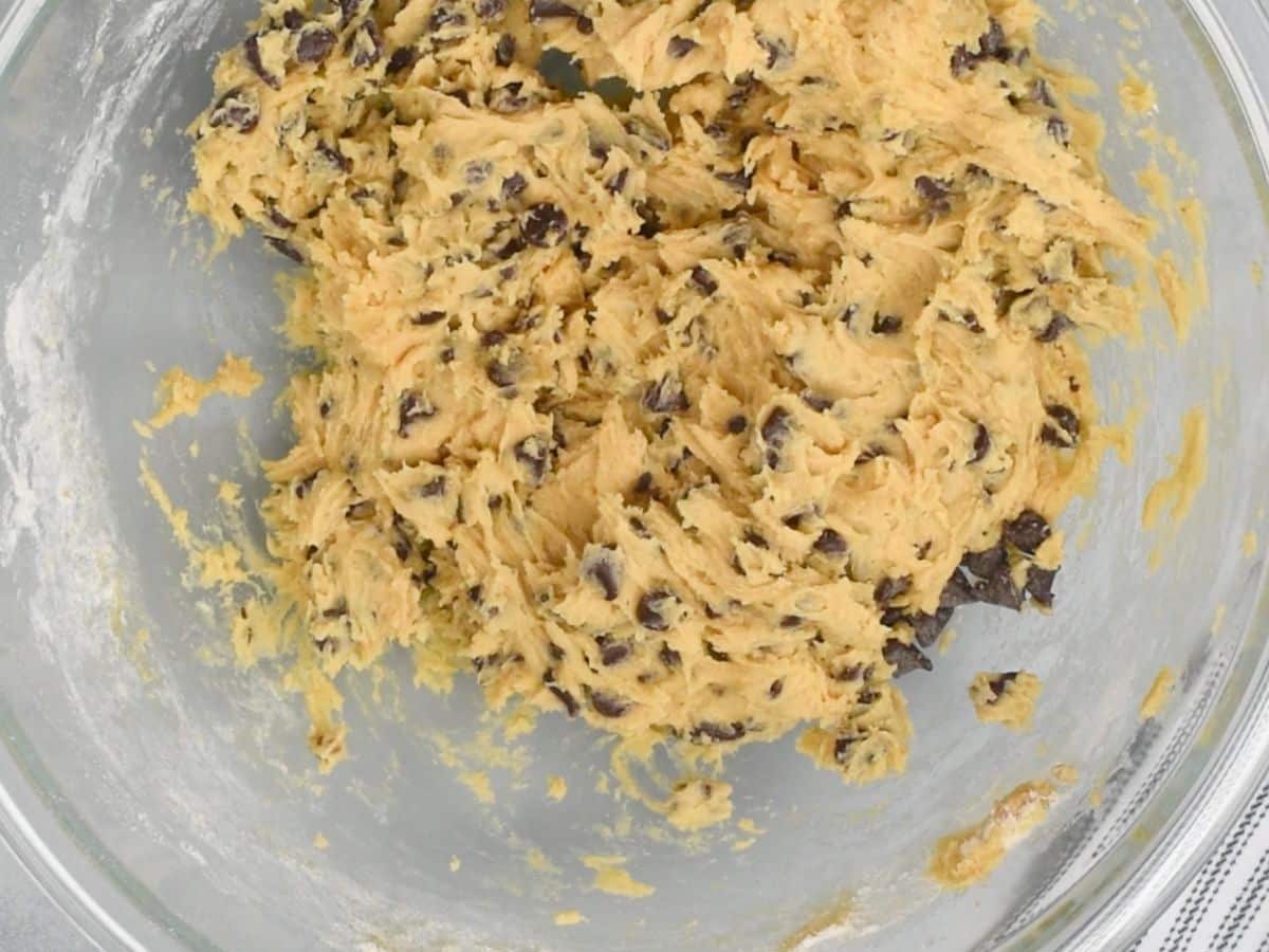 process shot of chocolate chip cookies being made.