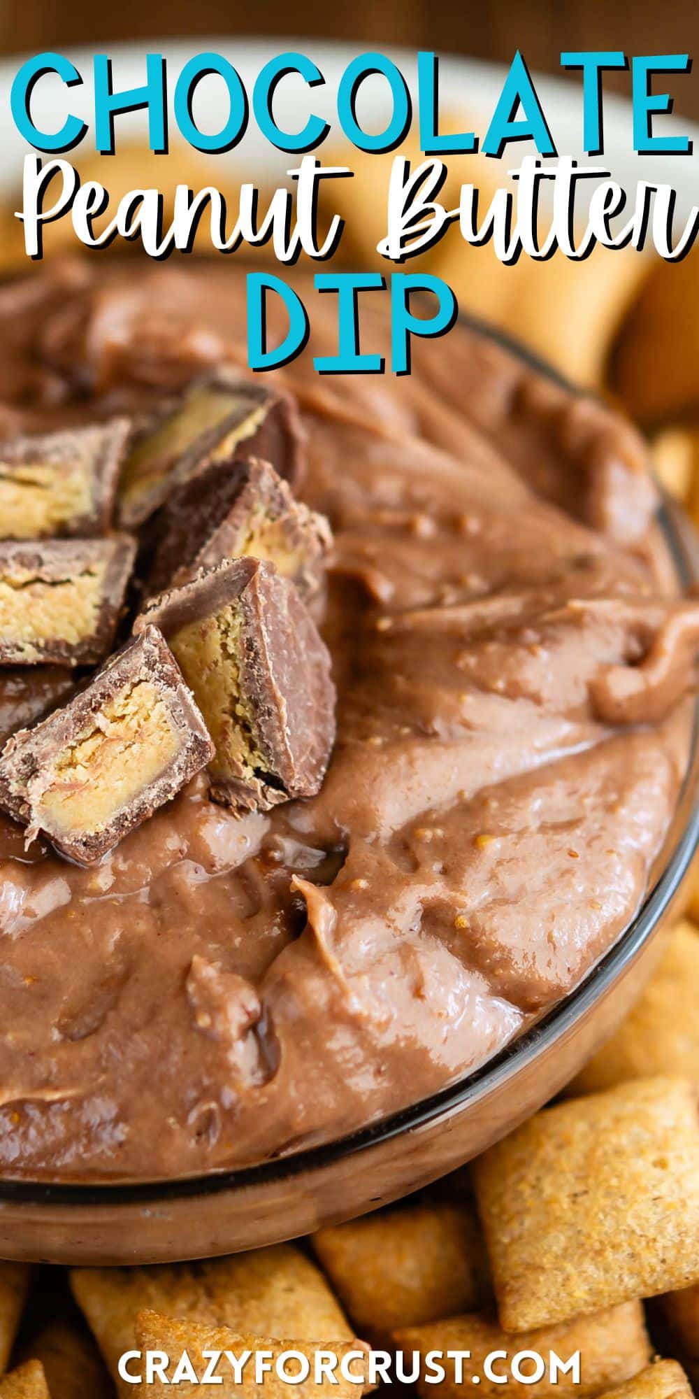 chocolate dip in a clear bowl surrounded by crackers with words on the image.