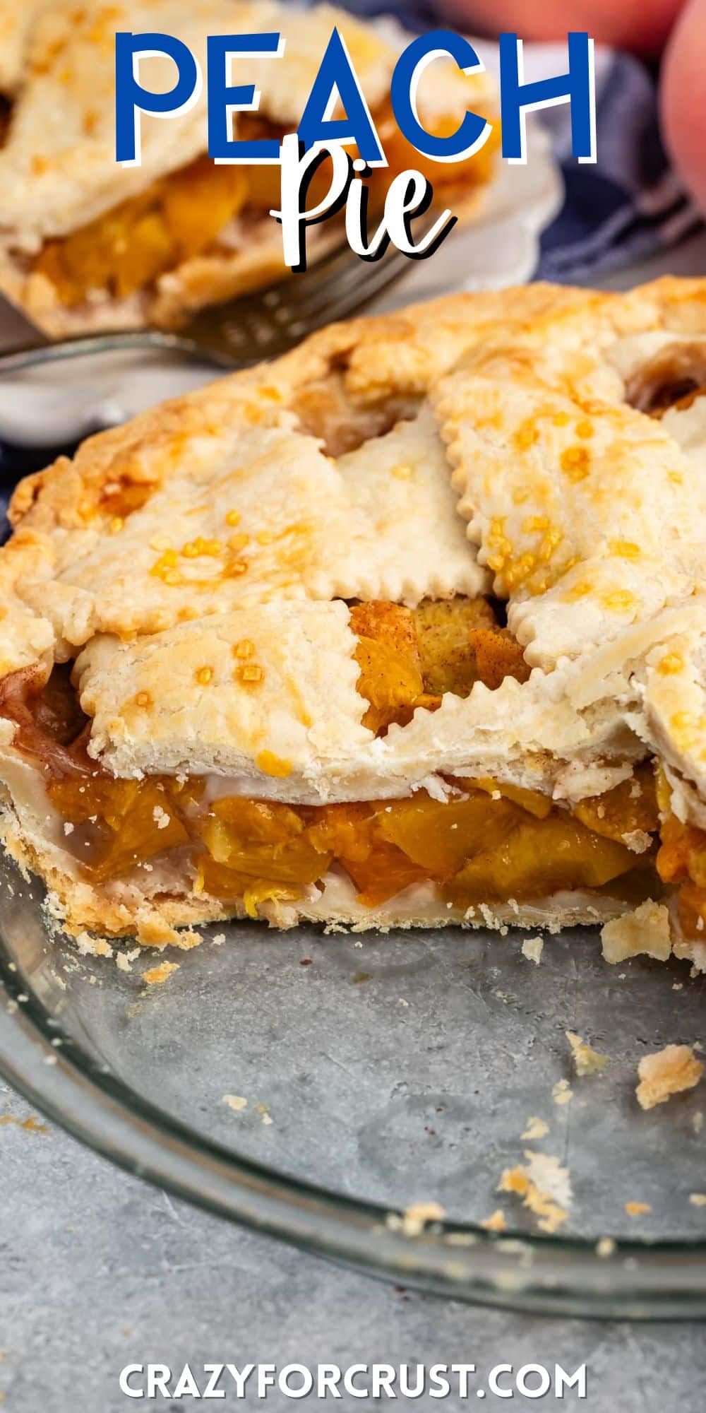 lattice topped pie with peached baked into the center in a clear pie with words on the image.