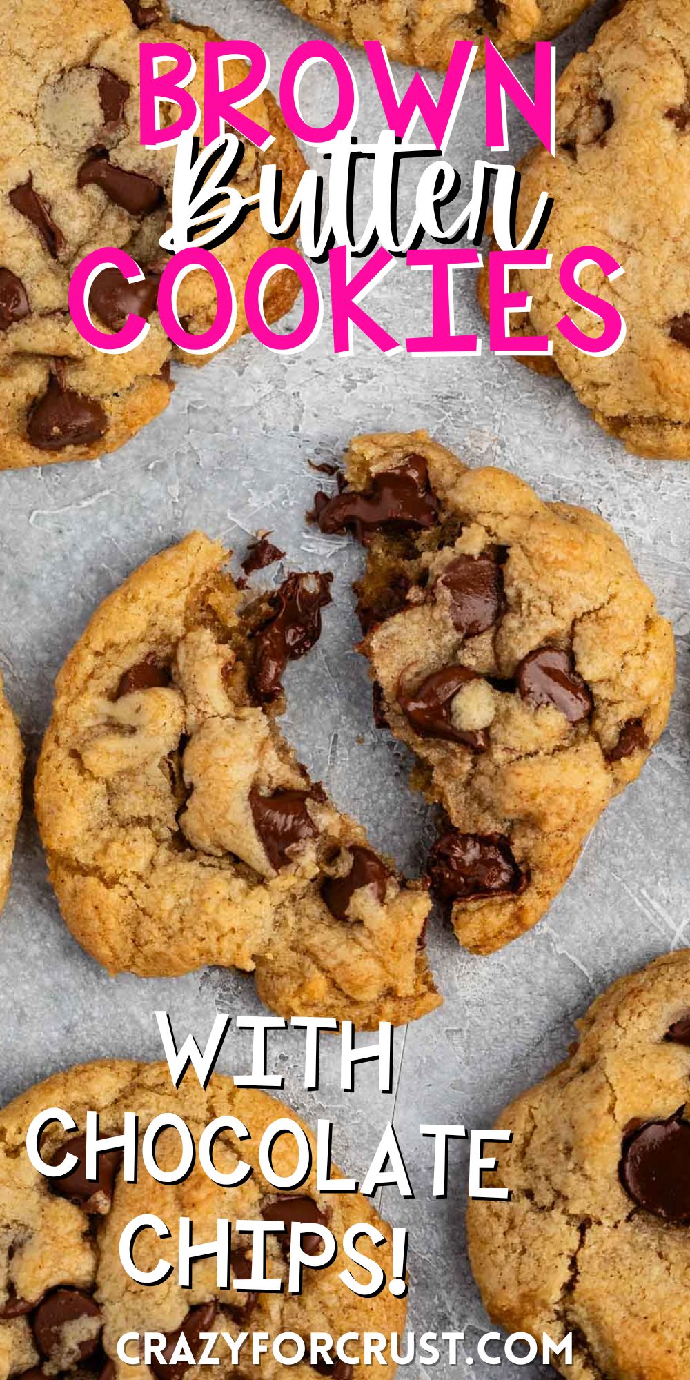 chocolate chip cookies with chocolate chips baked into the center with words on the image.