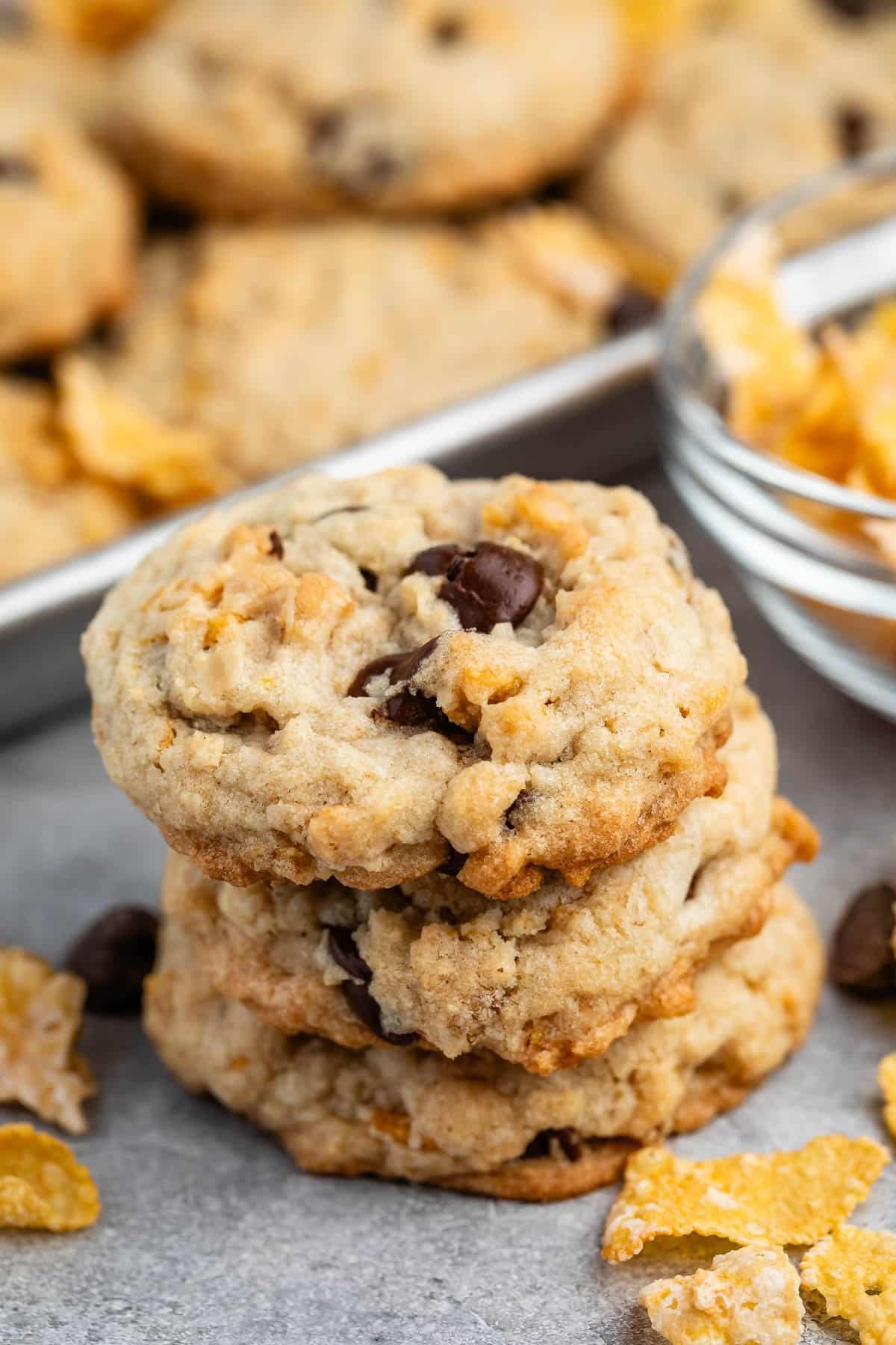 stacked cookies with Frosted Flakes and chocolate chips baked.