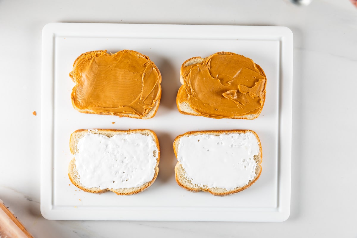 process shot of fluffernutter sandwich being made.