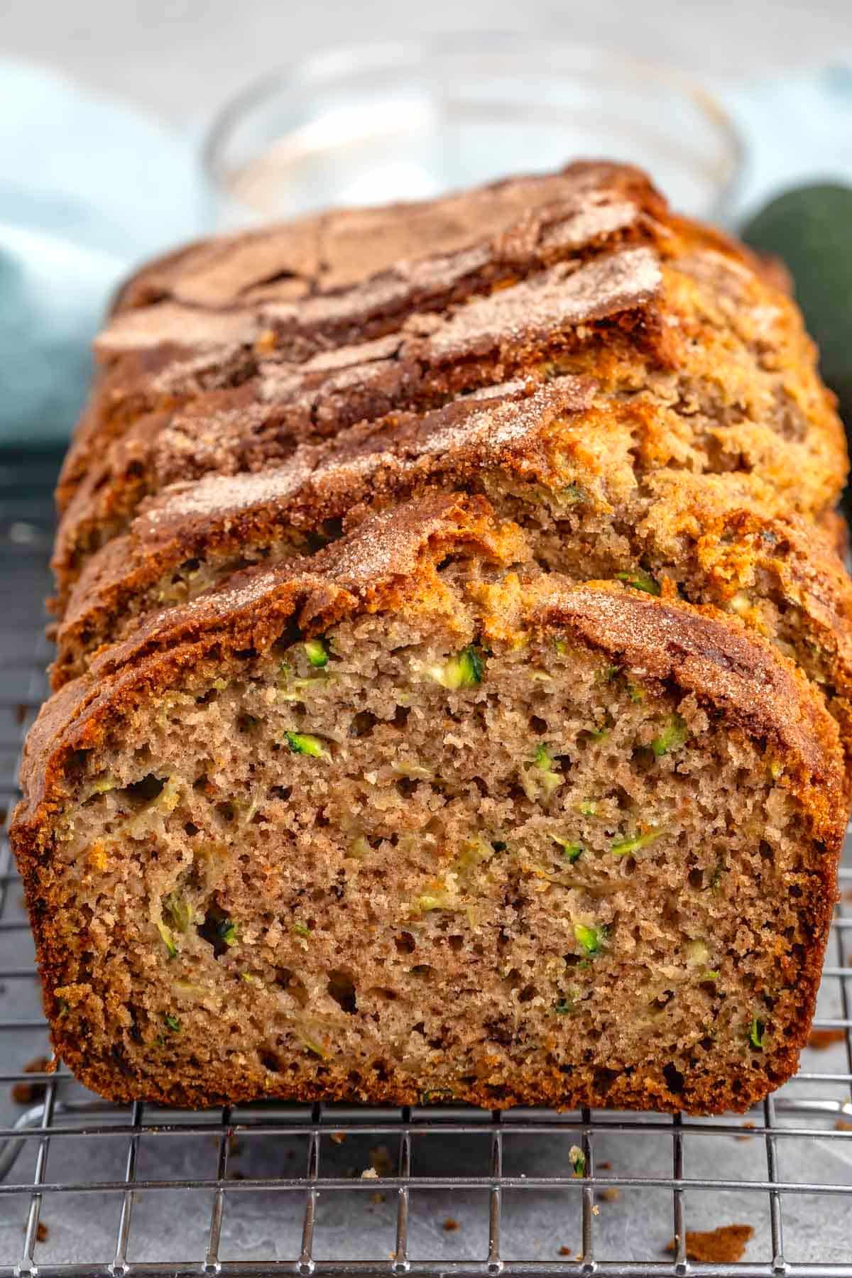 sliced banana bread with shredded zucchini baked inside.