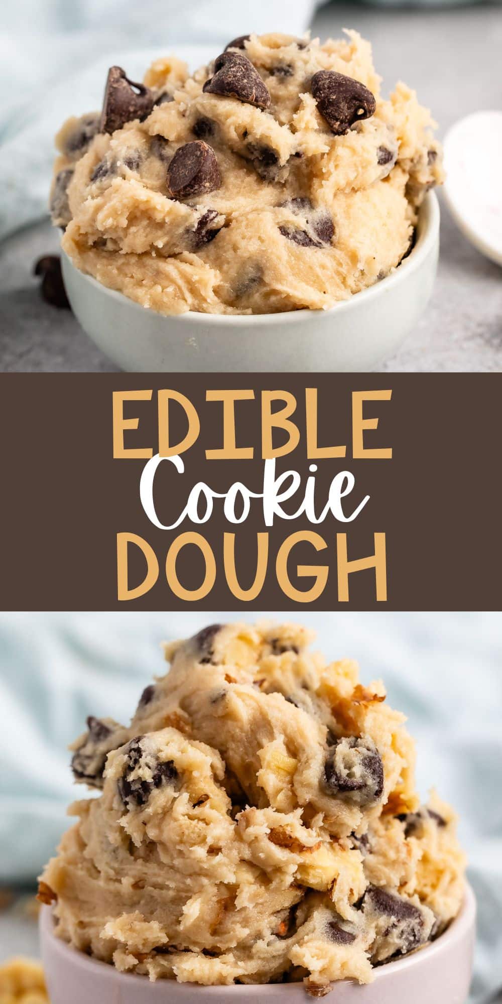 two photos of cookie dough mixed with chocolate chips in pastel colored bowls with words on the image.