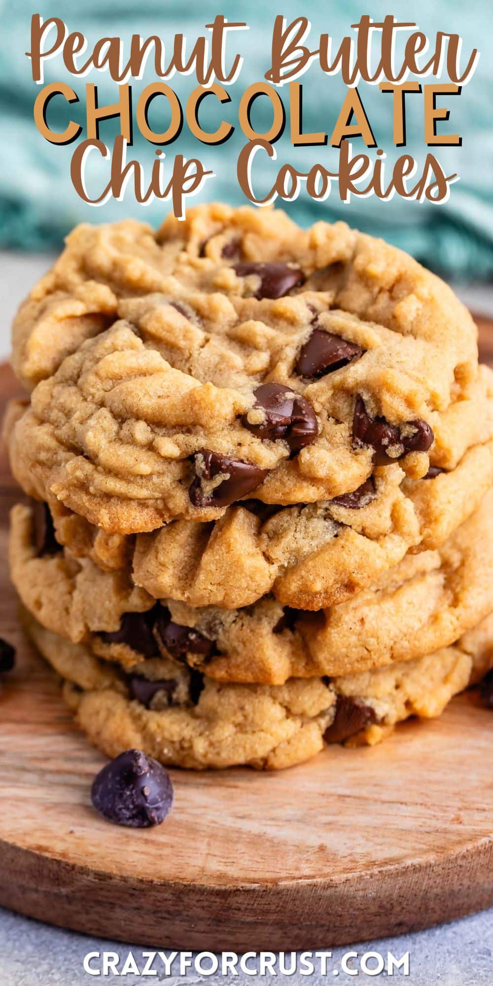 stacked peanut butter cookies with chocolate chips baked in with words on the image.
