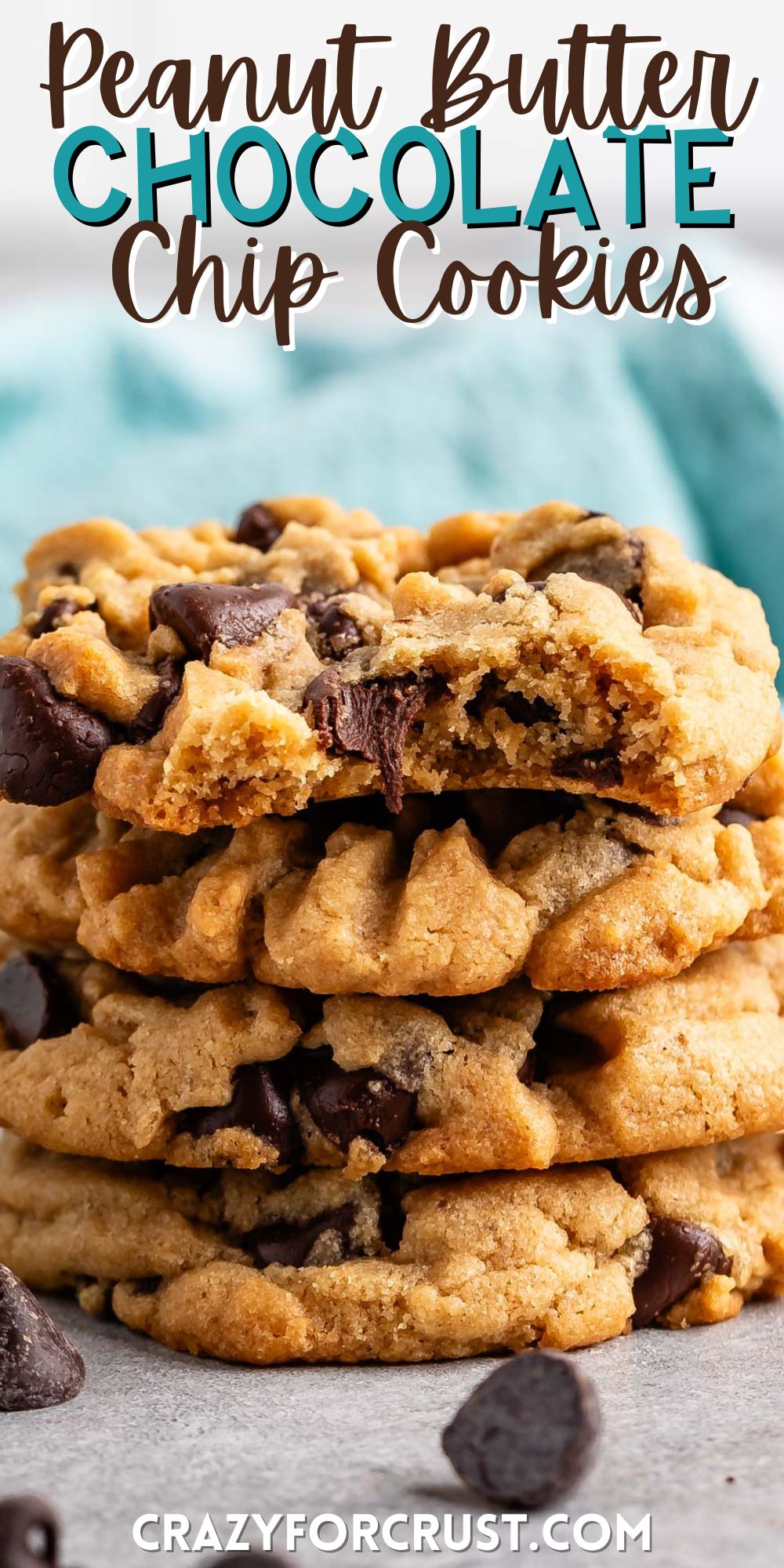stacked peanut butter cookies with chocolate chips baked in with words on the image.