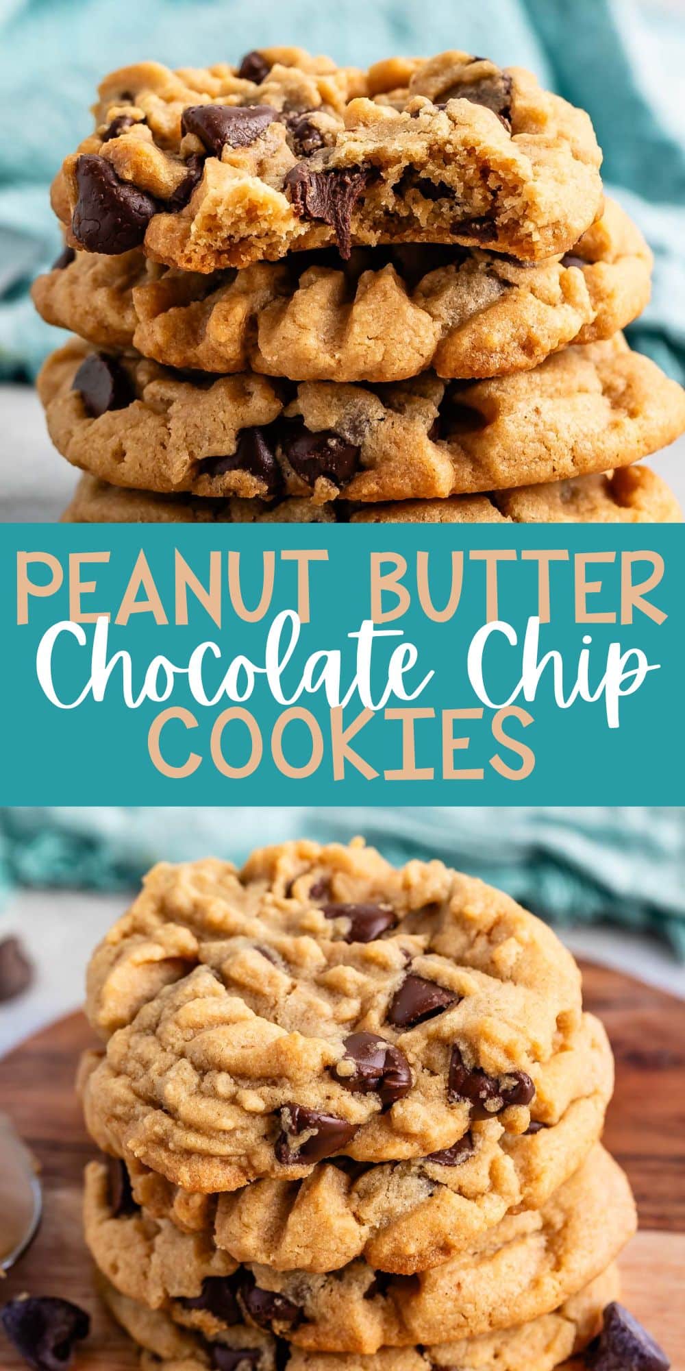 two photos of stacked peanut butter cookies with chocolate chips baked in with words on the image.