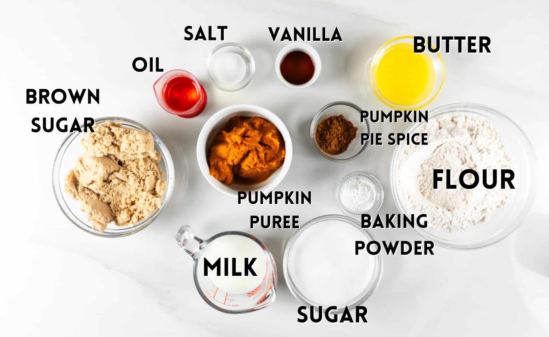 ingredients in pumpkin coffee cake laid out on a white counter.