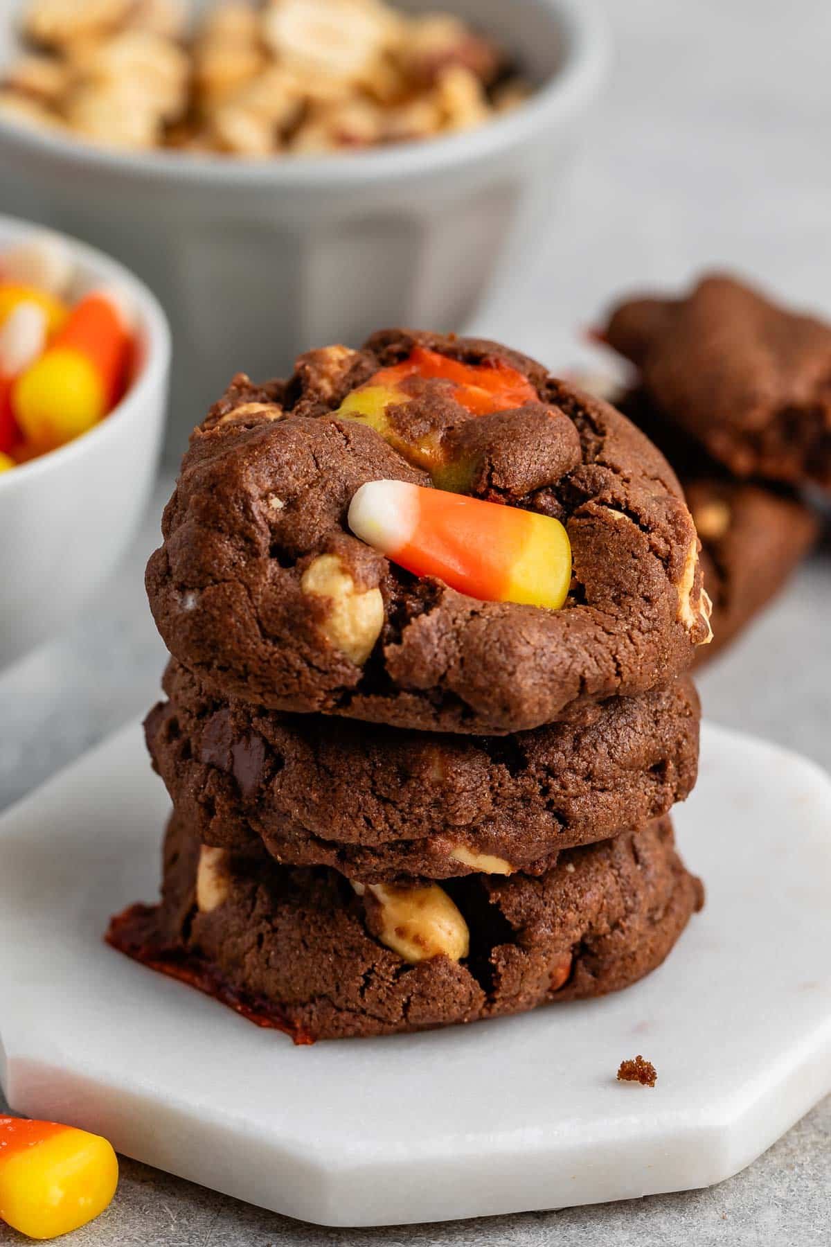 stacked cookies with candy corn baked in.