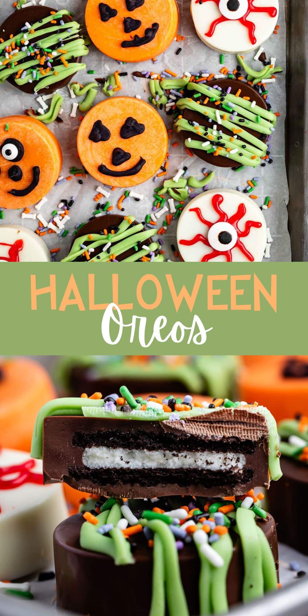 two photos of Oreos covered in different colored chocolate forming pumpkins and eyes for halloween.