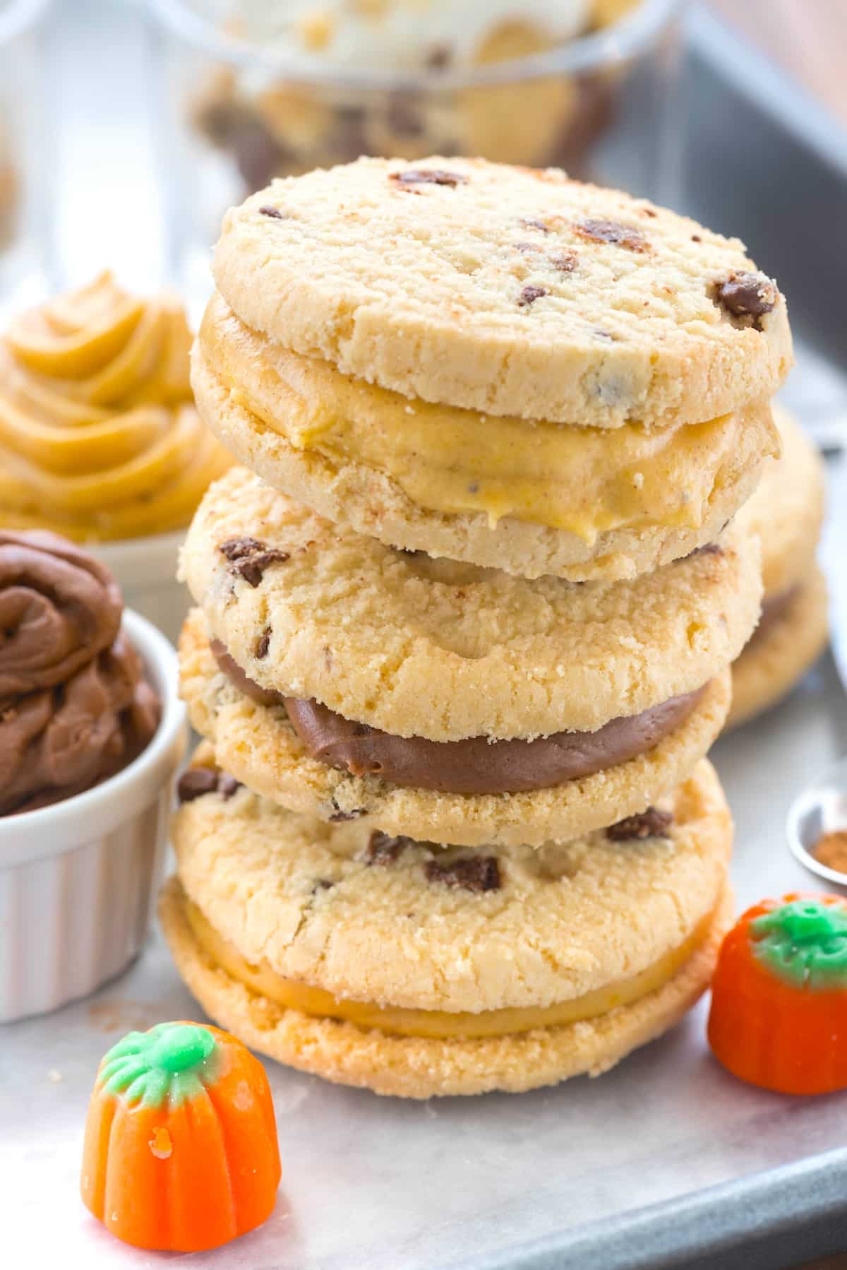 pumpkin frosting sandwiched between shortbread cookies.