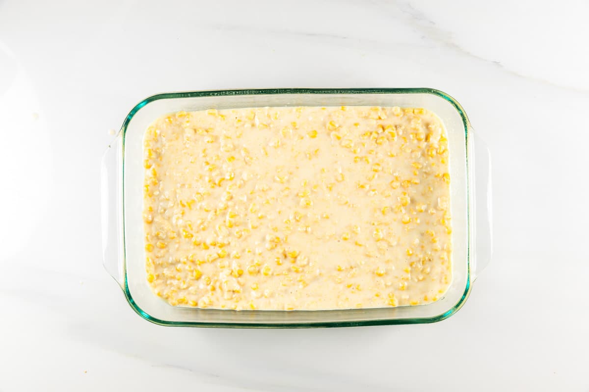 process shot of corn casserole being made.