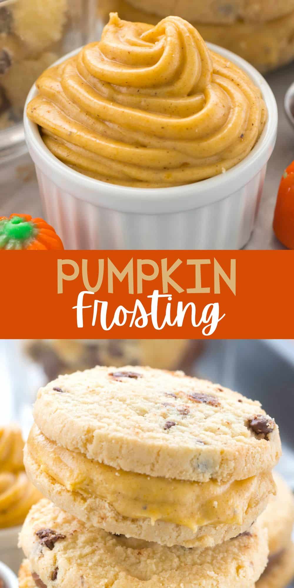 two photos of pumpkin frosting piped into a white ceramic dish.