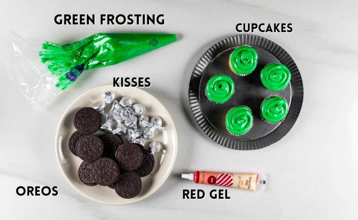 ingredient shot in witch hat cupcakes laid out on a white counter.