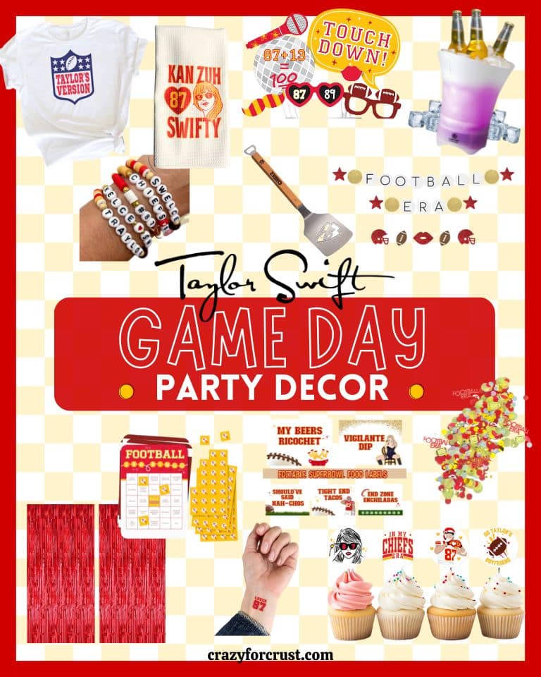 A collage of Taylor Swift-themed game day party decor. Includes banners, bracelets, cupcakes, drinks, and team-themed decorations with red and yellow colors. Signs say Touch Down! and Football Era.