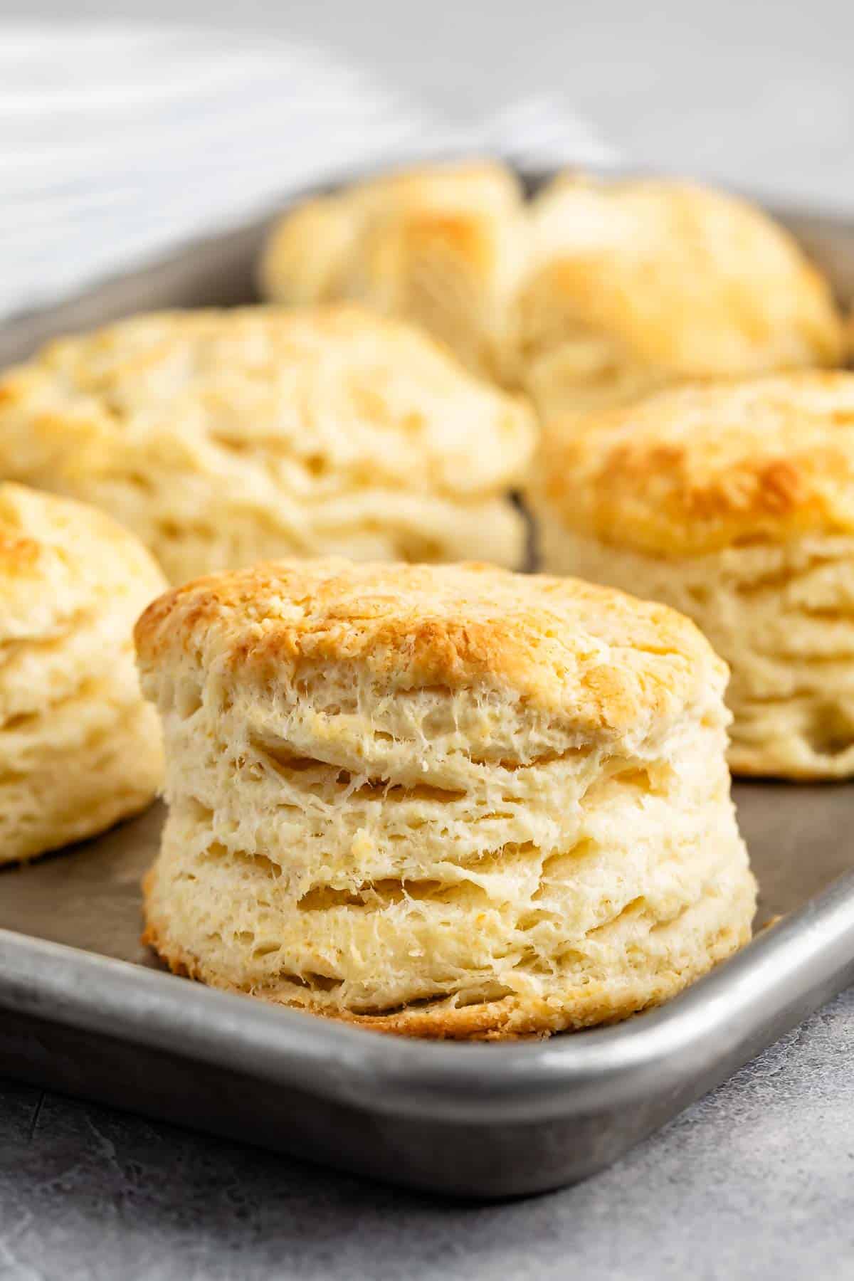 Close-up of freshly baked, golden-brown biscuits on a metal baking tray. The biscuits are flaky and layered, with a soft texture. The background is a blurred, light gray surface with a hint of a striped cloth.