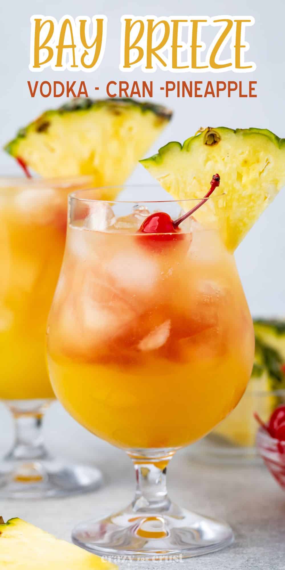 A refreshing Bay Breeze cocktail served in a glass, garnished with a pineapple slice and a cherry. Another cocktail is visible in the background. The text Bay Breeze Vodka - Cran - Pineapple is displayed at the top.