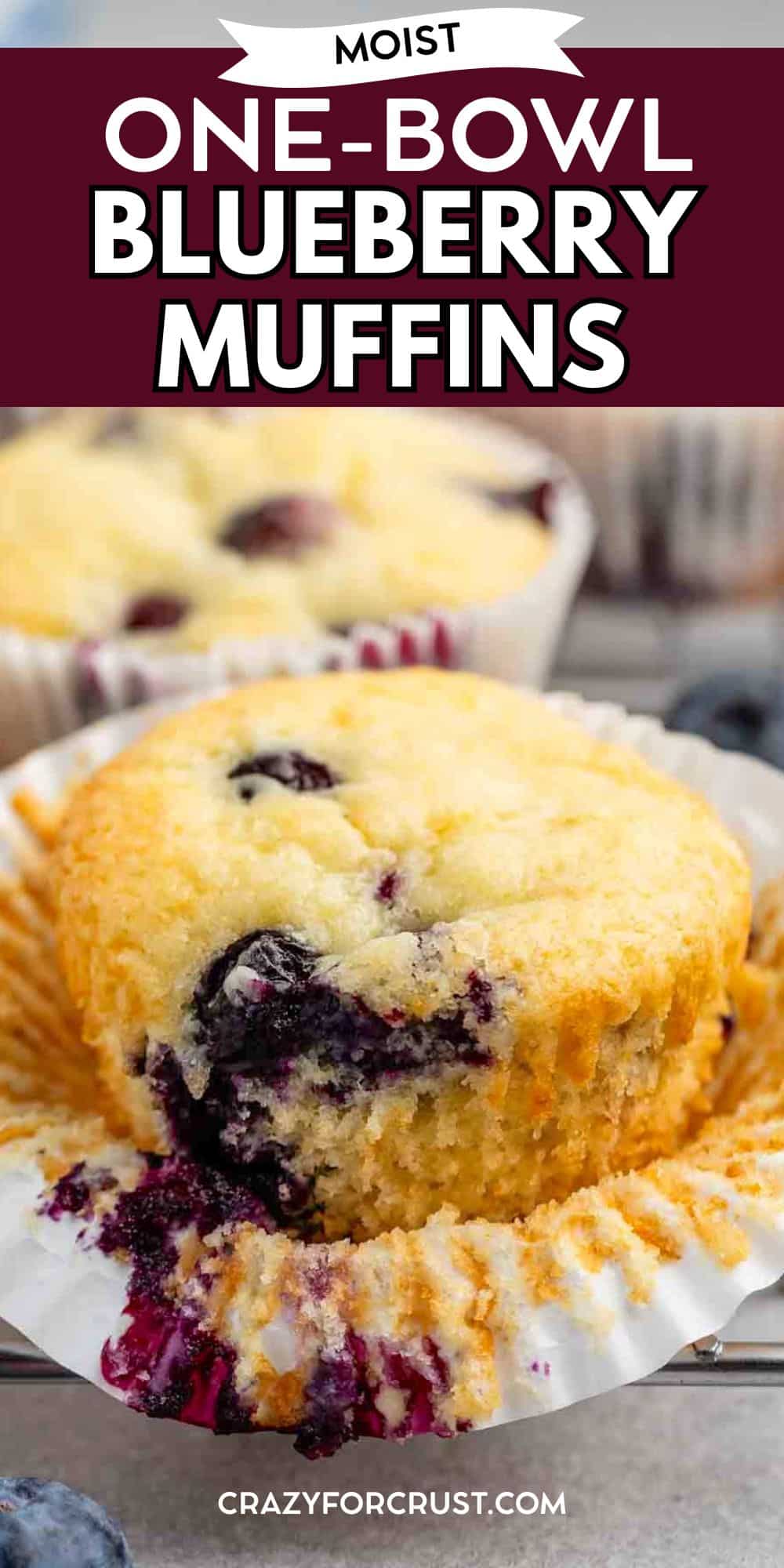 A close-up of moist blueberry muffins with visible blueberries, sitting in a peeled-back paper liner. Another muffin and fresh blueberries are blurred in the background. Text reads “Moist One-Bowl Blueberry Muffins.”.