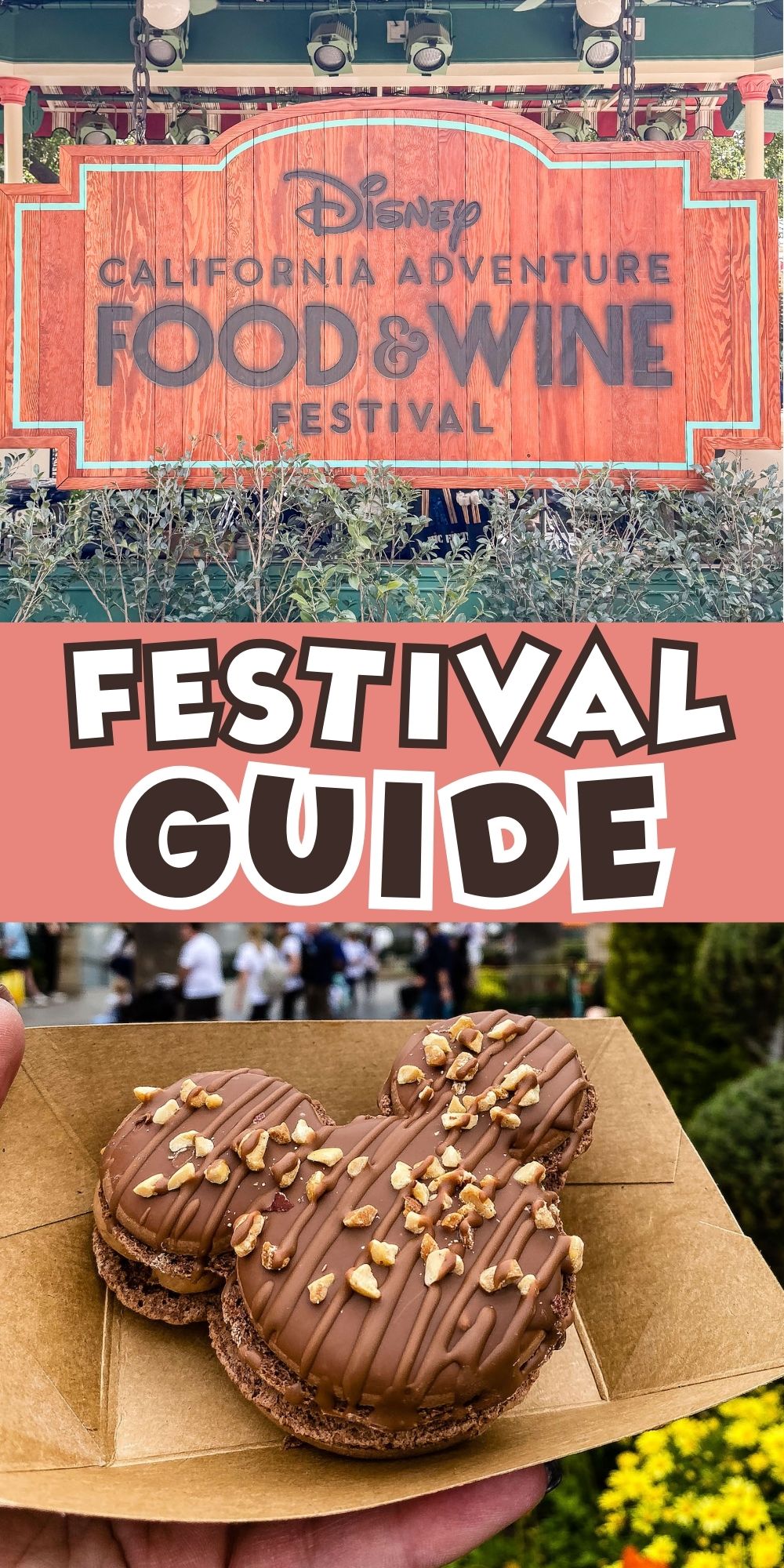 Sign for Disney California Adventure Food & Wine Festival, followed by large text saying Festival Guide. Below is a paper tray with chocolate-covered pastries topped with chopped nuts.