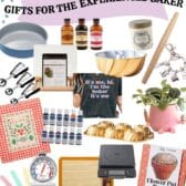 collage of baking gifts for the experienced baker - cake pan, vanilla extracts, rolling pin, bundt pan, candle, keychain, cookie scoops, recipe binder, gel food coloring, silpat, oven thermometer, silicone spatulas, scale, mini bundt pan, bread baking kit