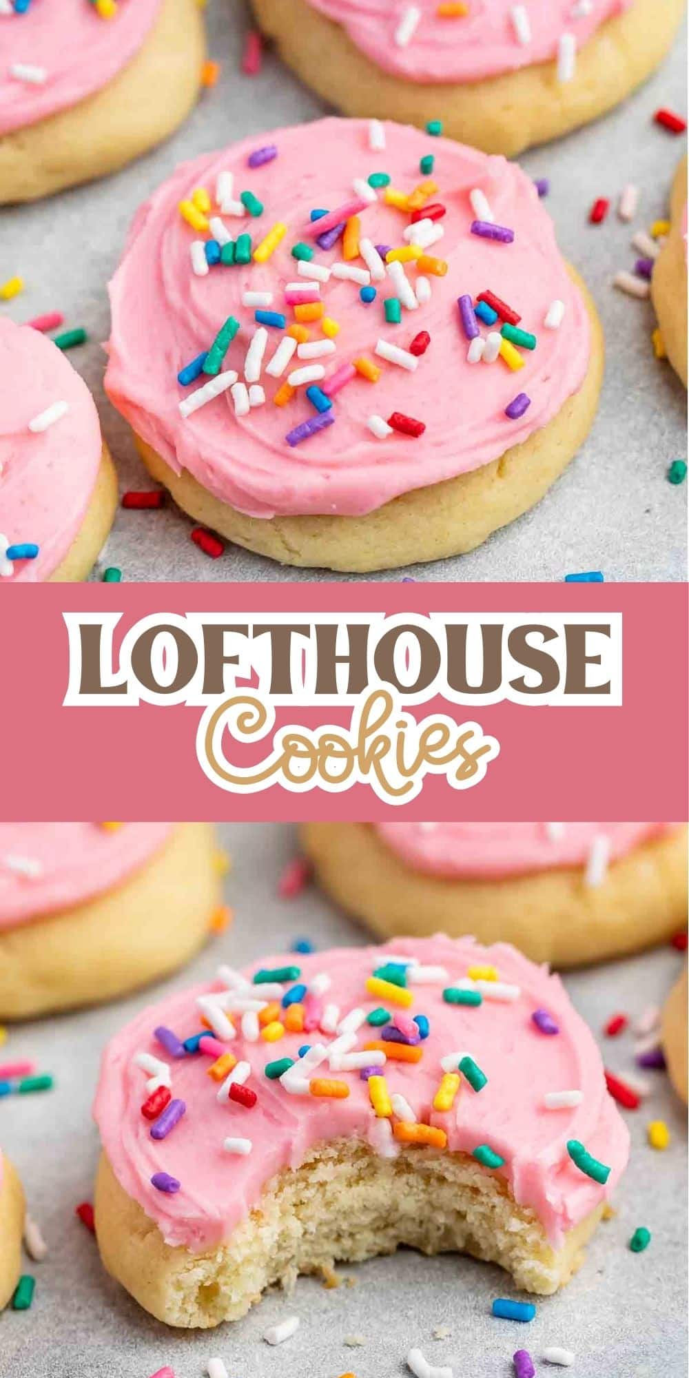 Several soft cookies with pink frosting and colorful sprinkles are arranged on a surface. One cookie has a bite taken out of it. A banner in the center reads LOFTHOUSE Cookies in bold letters.