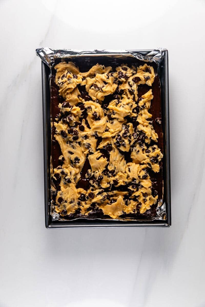 process shot of chocolate chip brownies being made.