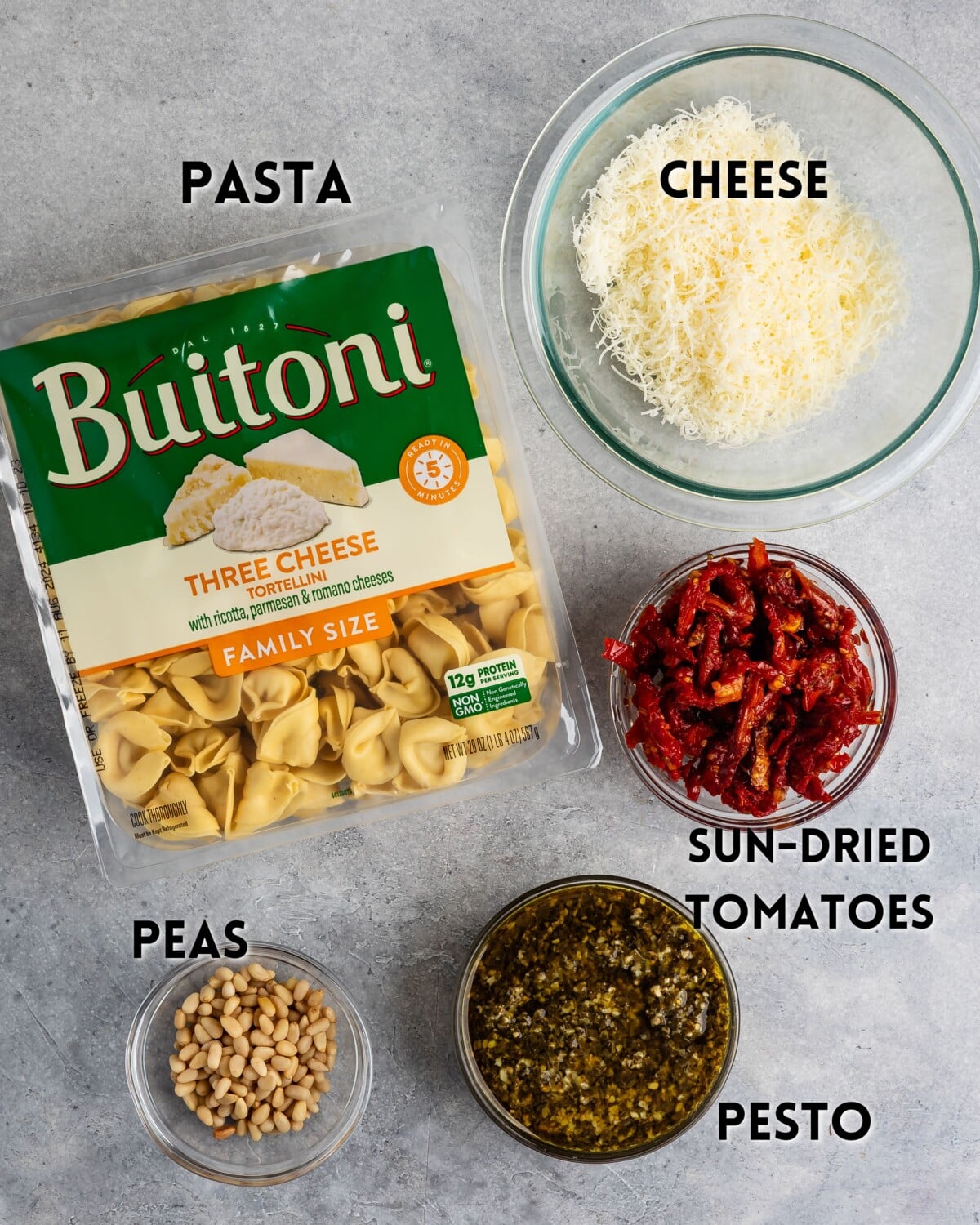 Top view of ingredients for a pasta dish on a gray surface. Includes a Buitoni Three Cheese Tortellini package, grated cheese in a bowl, sun-dried tomatoes in a bowl, pesto in a bowl, peas, and pine nuts. Labels identify each item.
