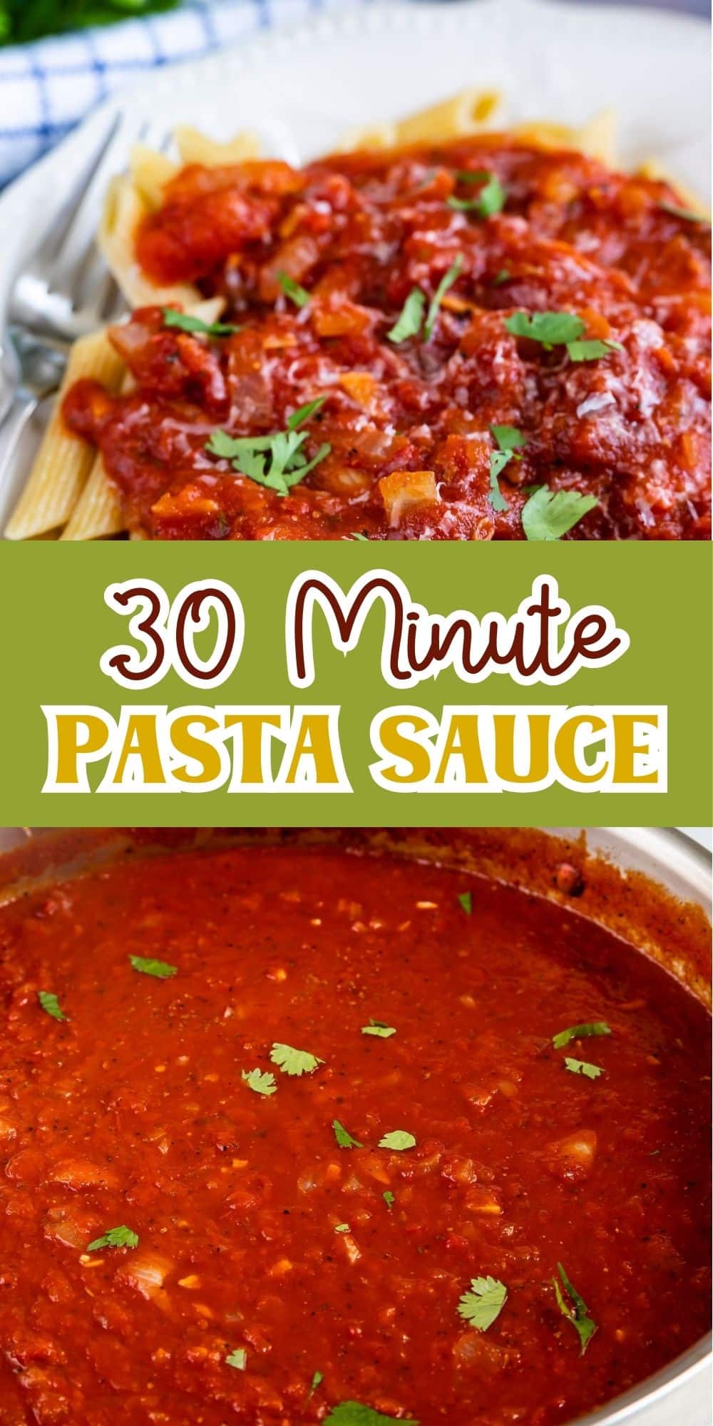 Top image of pasta with chunky red sauce and herbs on a white plate. Bottom image of a pot filled with red pasta sauce garnished with herbs. Text in the center reads, 30 Minute Pasta Sauce.