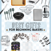 Collage of baking tools and utensils with text Best Gifts for Beginning Bakers. Items include silicone mat, mixing bowls, whisks, measuring cups, spoons, muffin pan, hand mixer, and more, all set against a checkered background.