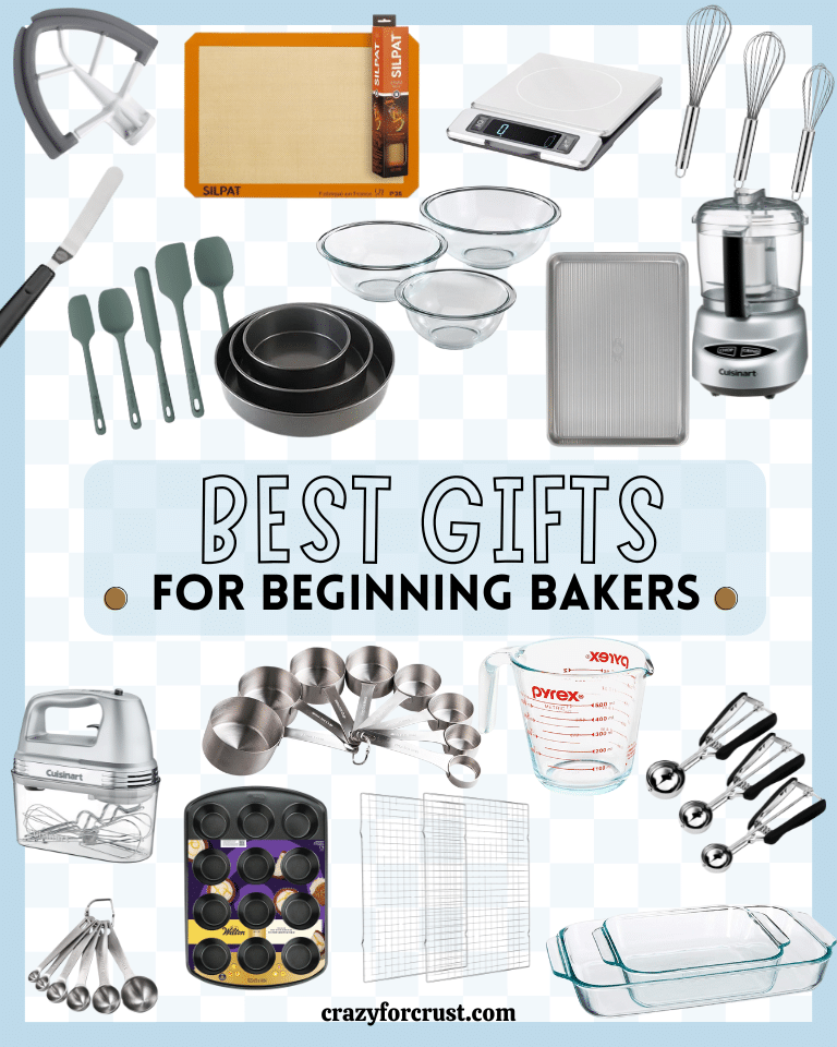 Collage of baking tools and utensils with text Best Gifts for Beginning Bakers. Items include silicone mat, mixing bowls, whisks, measuring cups, spoons, muffin pan, hand mixer, and more, all set against a checkered background.