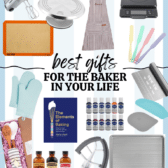 A collage of baking gifts, including a mixer, apron, silicone mat, baking sheet, mixing tools, oven mitt, baking book, vanilla extracts, food colors, spatulas, and measuring spoons, with the text Best Gifts for the Baker in Your Life.