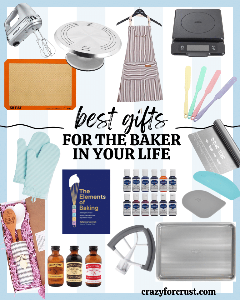 A collage of baking gifts, including a mixer, apron, silicone mat, baking sheet, mixing tools, oven mitt, baking book, vanilla extracts, food colors, spatulas, and measuring spoons, with the text Best Gifts for the Baker in Your Life.