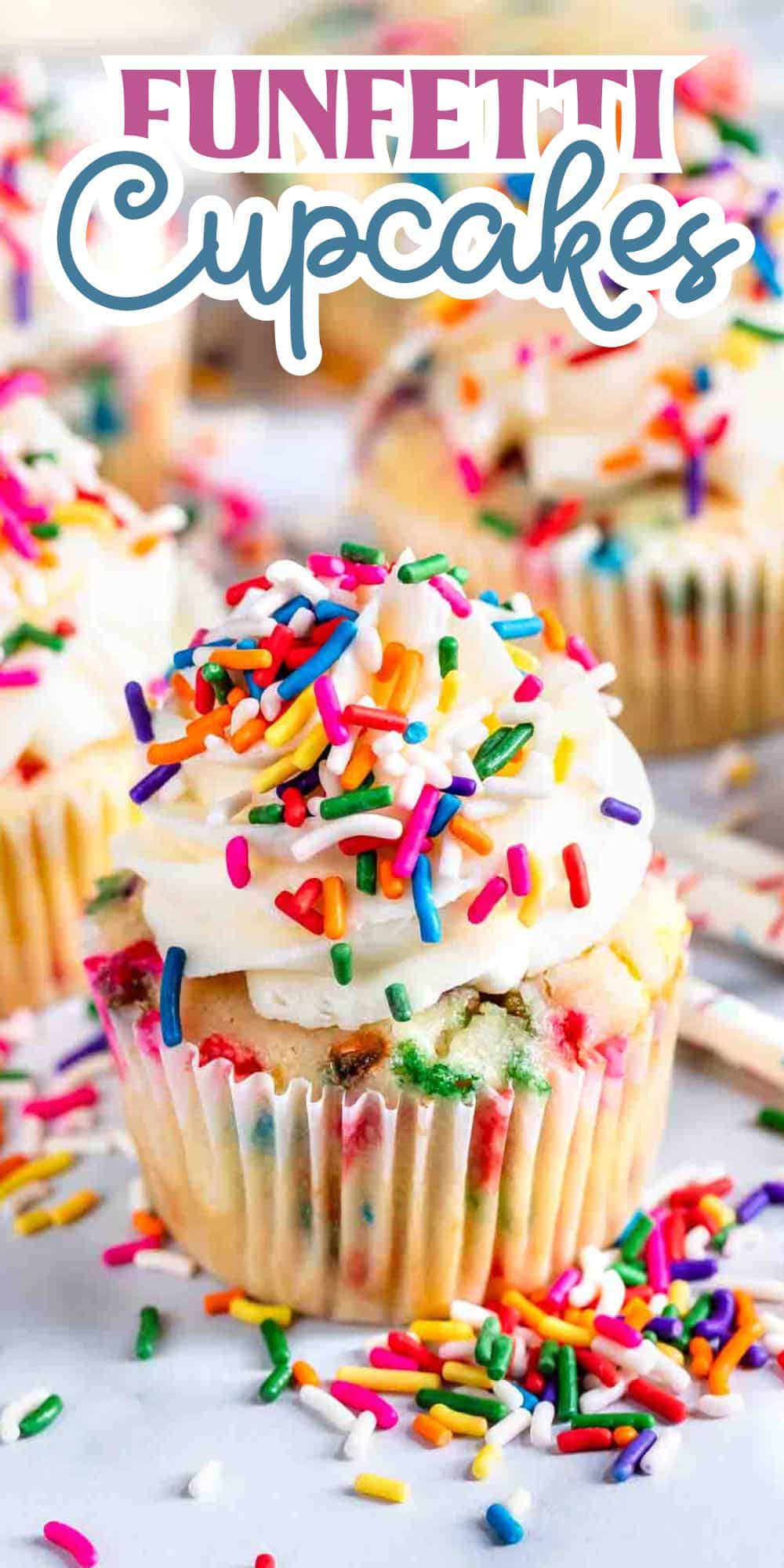 A colorful cupcake topped with white icing and vibrant rainbow sprinkles is on display. More cupcakes can be seen in the background. The text Funfetti Cupcakes is prominently displayed at the top.