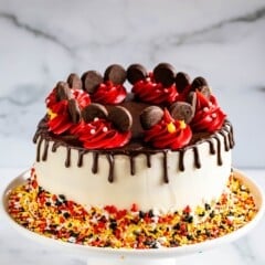 A white frosted cake with a chocolate drip, decorated with red and yellow icing, chocolate pieces, and colorful sprinkles on the base, displayed on a white cake stand against a marble background.