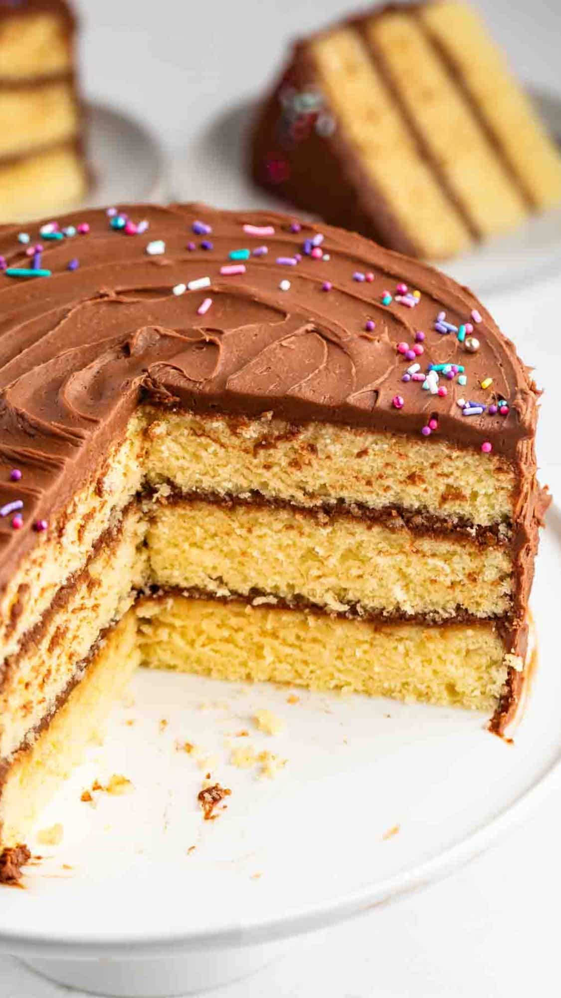 Three-layer yellow cake with chocolate frosting and colorful sprinkles on top, placed on a white cake stand. A slice has been removed, revealing the moist layers and frosting in between.