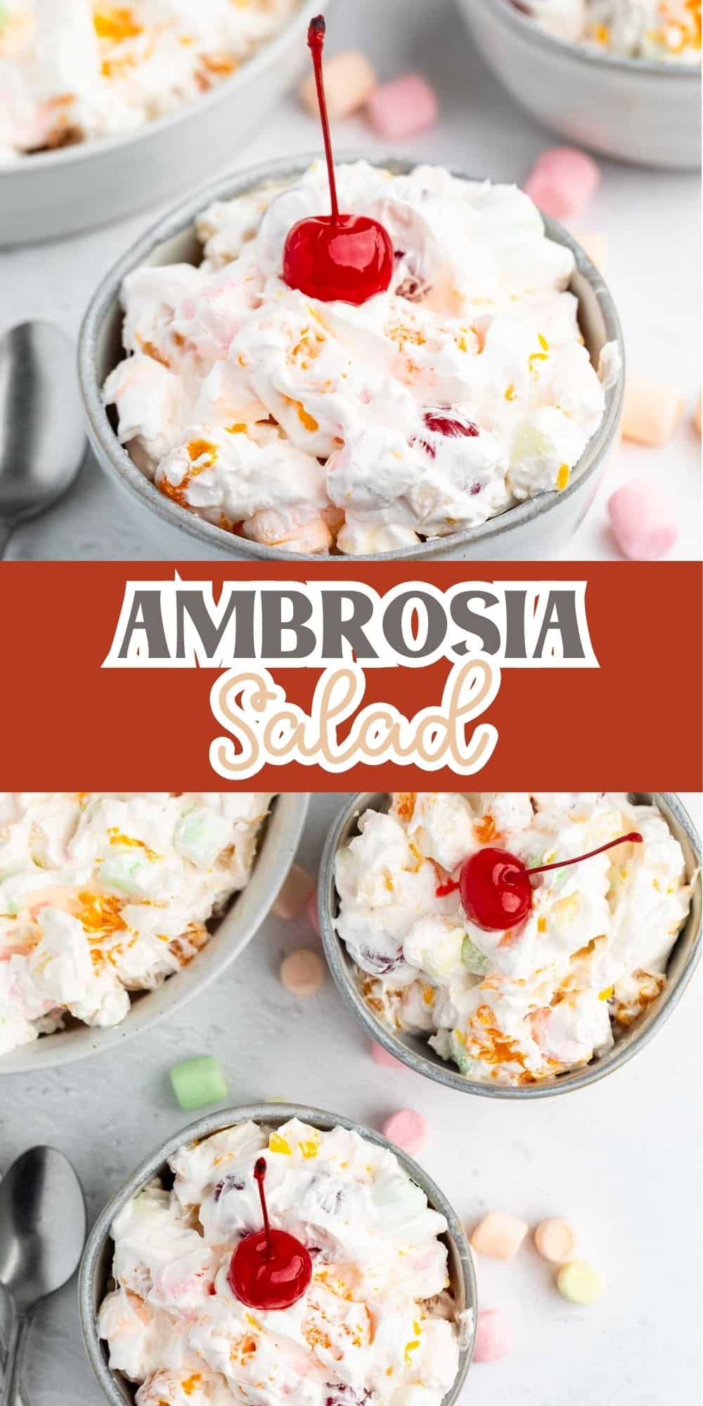 Three bowls of fluffy ambrosia salad topped with maraschino cherries, surrounded by pastel mini marshmallows and spoons, with a text overlay reading AMBROSIA Salad across the center.