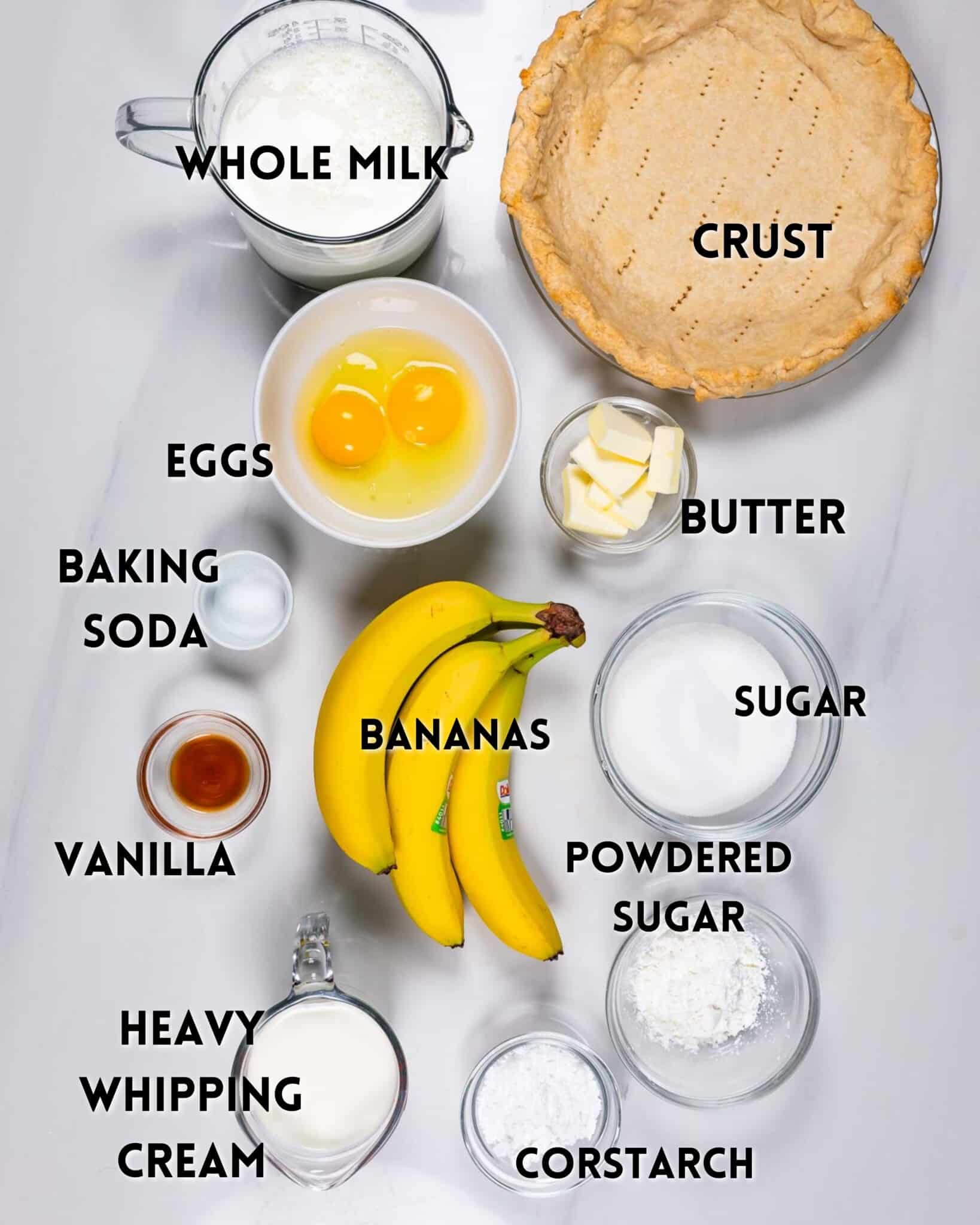 Top-down view of ingredients for banana cream pie, including whole milk, pie crust, eggs, butter, baking soda, bananas, sugar, vanilla, powdered sugar, heavy whipping cream, and cornstarch, labeled on a white surface.