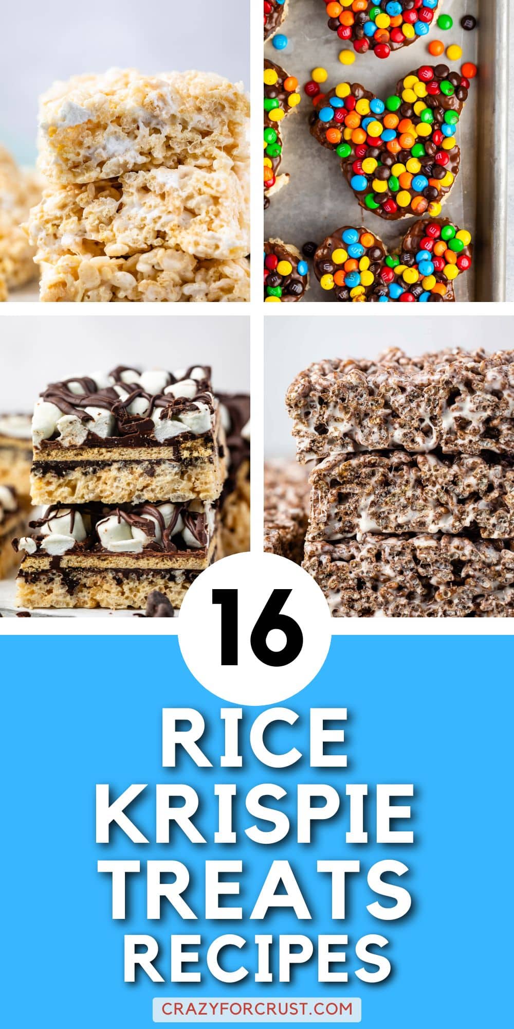 A collage of four different rice krispie treats: classic, candy-topped, chocolate-drizzled, and chocolate-flavored, with text below reading “16 Rice Krispie Treats Recipes” on a blue background.
