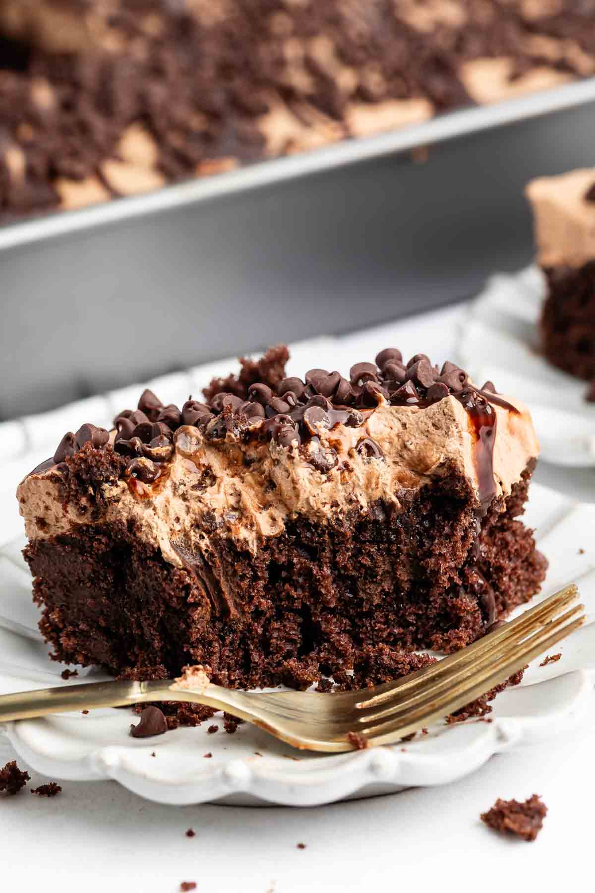 A slice of chocolate cake with creamy chocolate frosting and chocolate chips sits on a white plate with a gold fork. A larger tray of cake is in the background. Some crumbs are scattered on the plate.