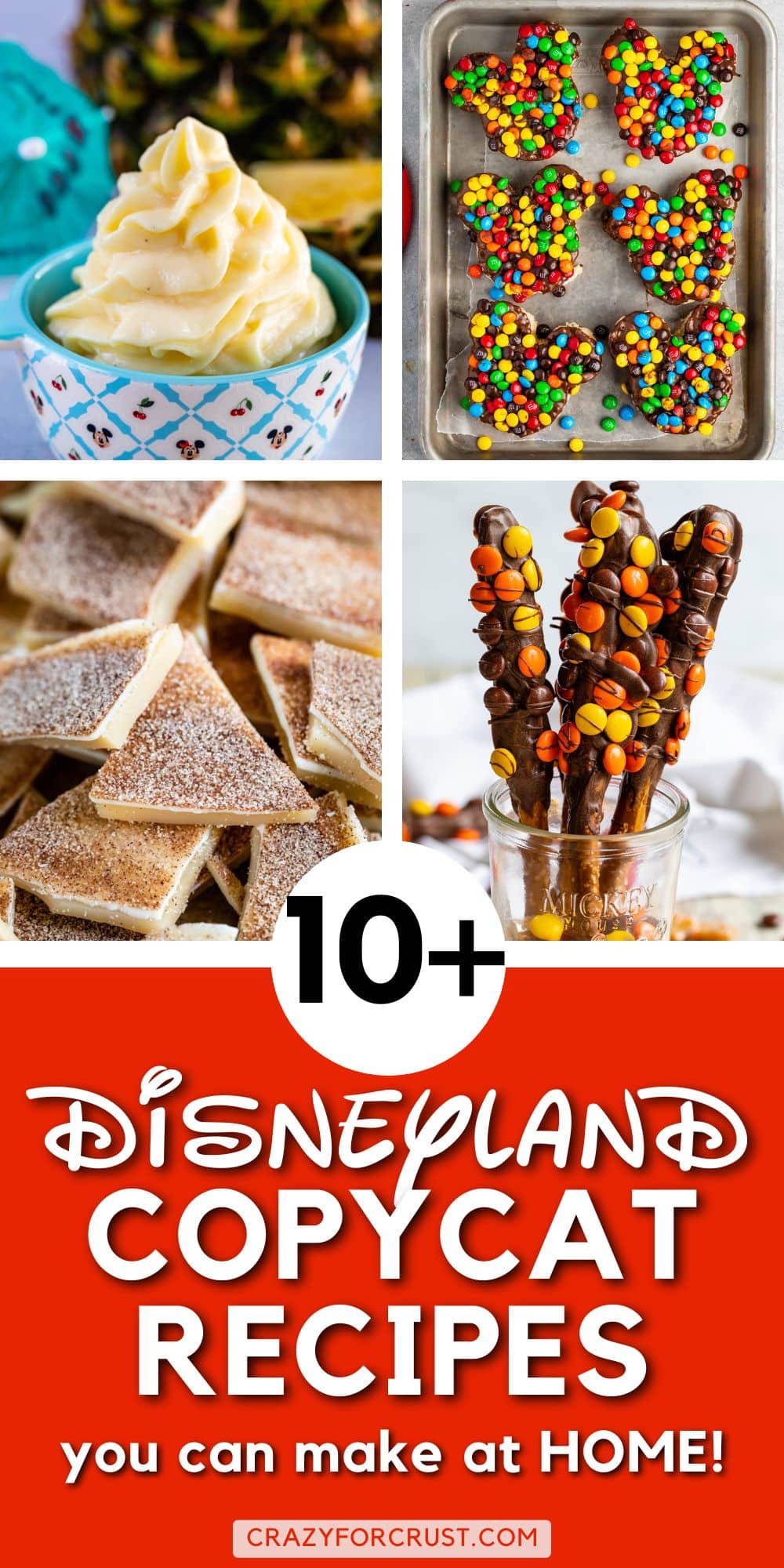 A collage of Disneyland-inspired treats: Dole Whip in a bowl, Mickey-shaped Rice Krispie treats with colorful candy, churros, and chocolate-dipped pretzel rods with candy, with text promoting copycat recipes.