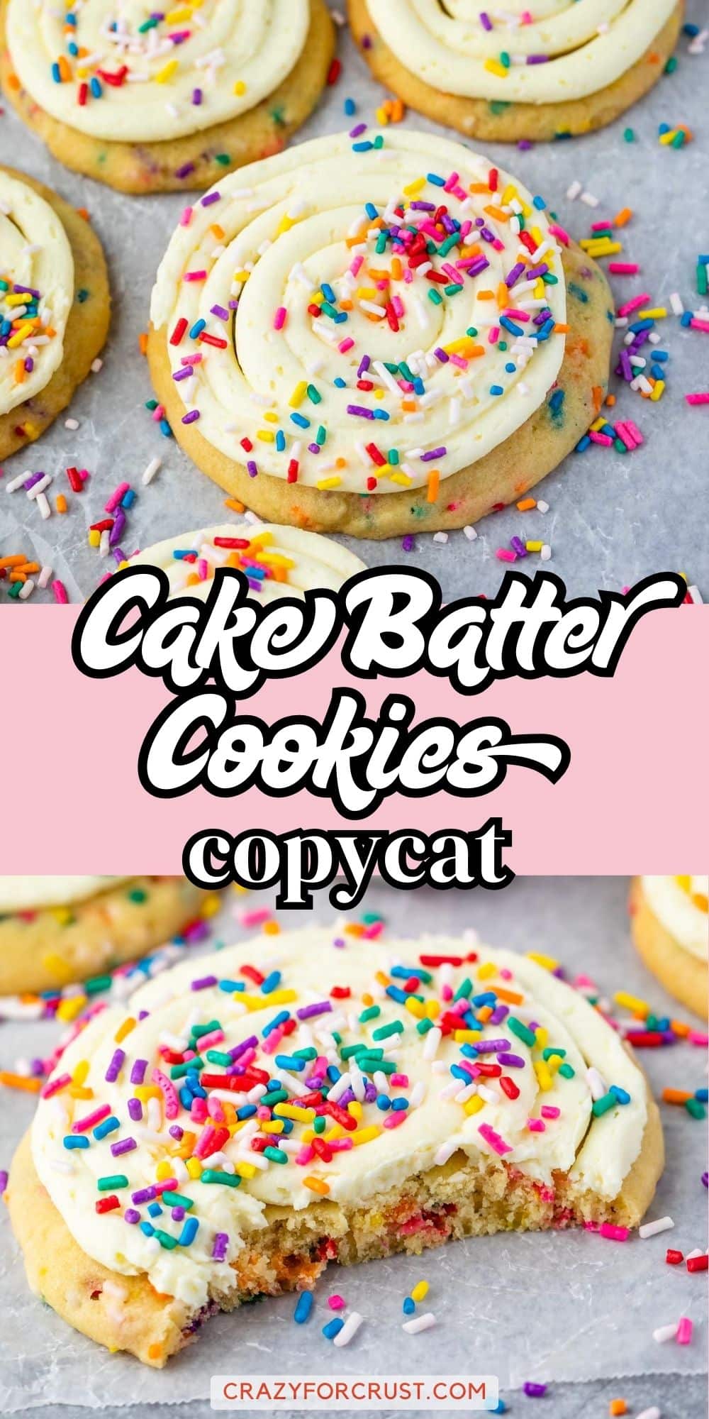 Four cookies with white frosting and colorful rainbow sprinkles are shown on parchment paper. One cookie has a bite taken out, revealing a soft, chewy interior. Text reads Cake Batter Cookies copycat.