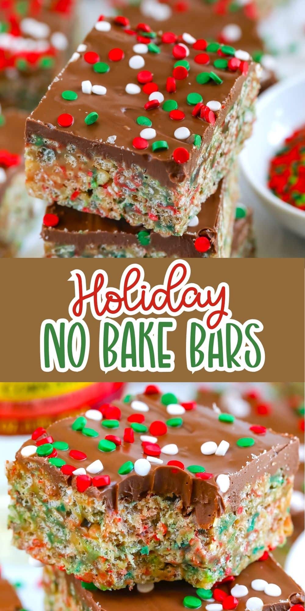 Close-up of chocolate-covered no bake bars topped with red, green, and white sprinkles, stacked on a plate with a bite taken out of one bar; text reads โHoliday No Bake Bars.โ.