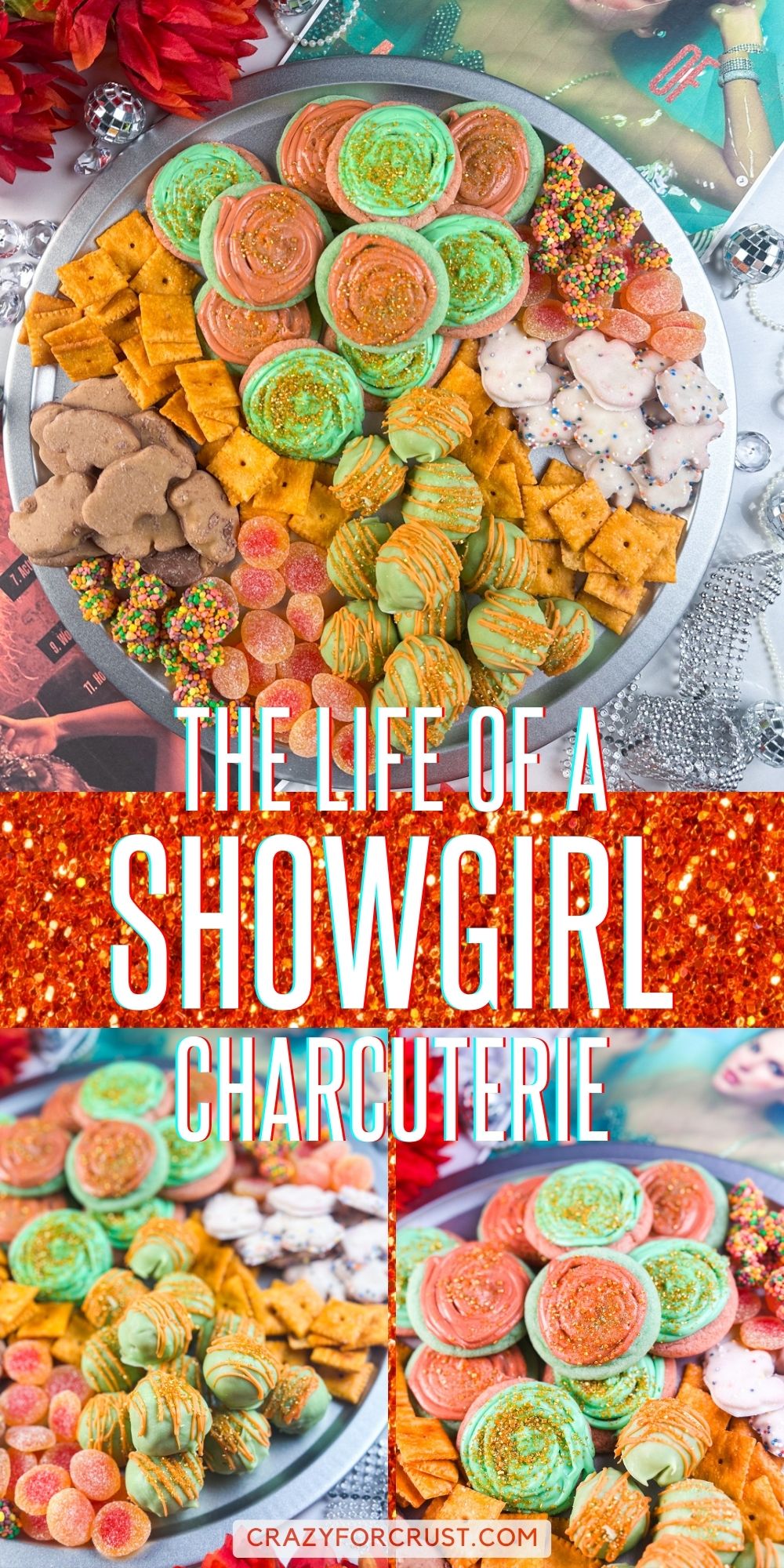 A festive charcuterie board with colorful red and green cookies, crackers, animal-shaped cookies, white chocolate-covered treats with sprinkles, and cheese crackers, surrounded by decorative holiday ornaments.