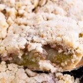 A close-up of a crumb-topped fruit dessert, reminiscent of an Apple Slab Pie, with a golden, crumbly topping and juicy fruit filling visible as a piece is lifted from the baking pan.
