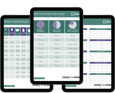 Three tablets display printable baking guides, including kitchen conversions, recipe halving, and measurement charts. Text below reads: “6 free printables every crazy for crust baker needs.”.