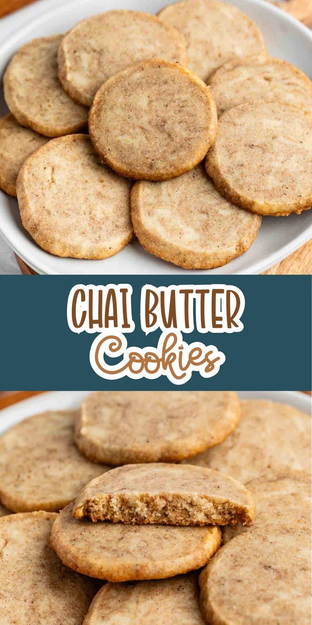 two photos of stacked brown chai cookies on a grey plate with words on the image reading the name of the recipe.