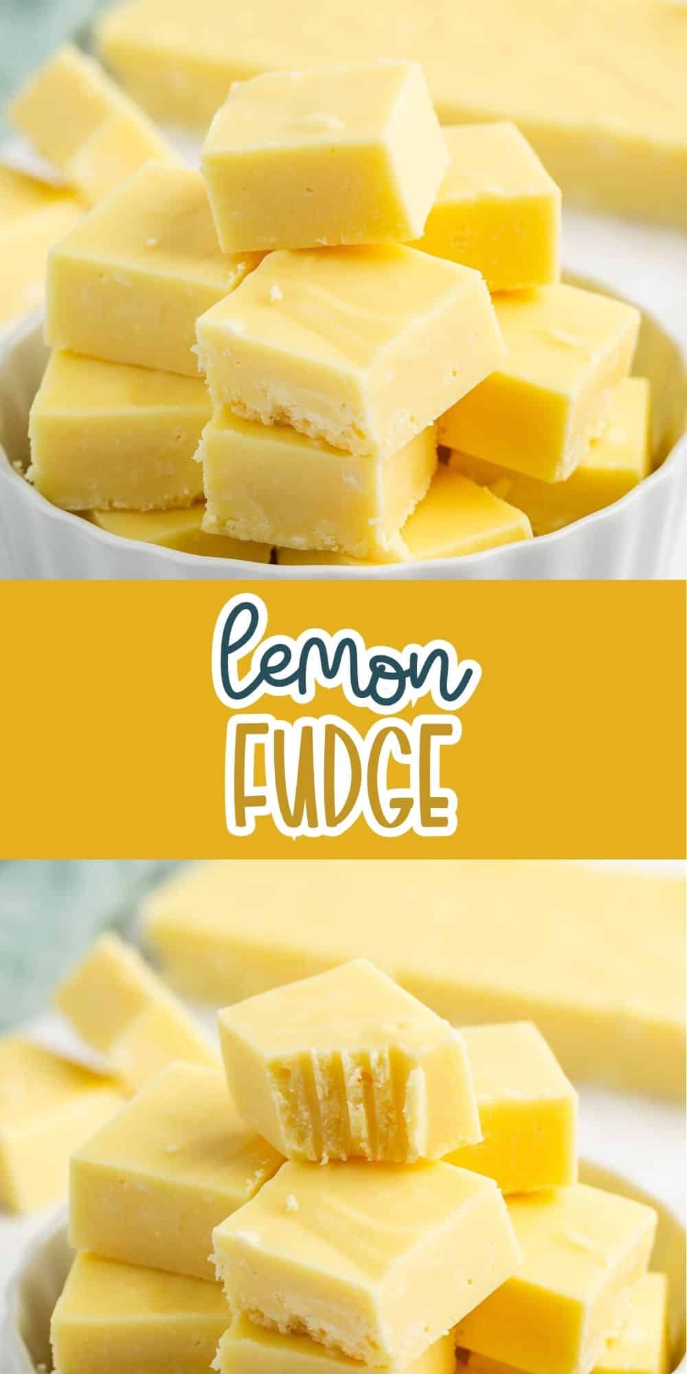 A bowl filled with bright yellow lemon fudge squares, some with bite marks, stacked neatly; the words lemon fudge are written in playful white and yellow fonts across the center.